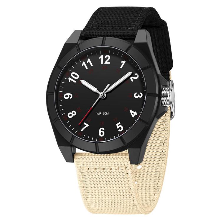Black luminous waterproof watch with white dial and black-and-beige nylon strap