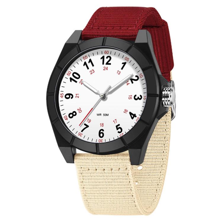 Black luminous waterproof watch with white dial and red nylon strap, round case