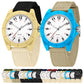 Two luminous waterproof watches: yellow and blue cases with white dials and nylon straps