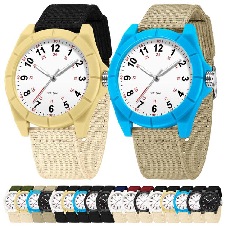 Two luminous waterproof watches: yellow and blue cases with white dials and nylon straps