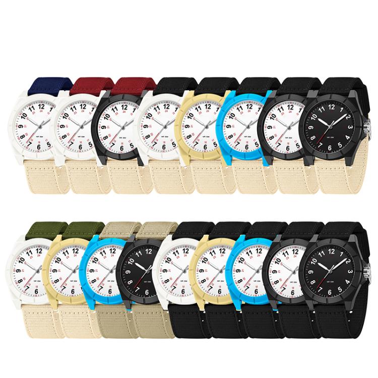 Assorted luminous waterproof watches with white dials and nylon straps, multiple colors