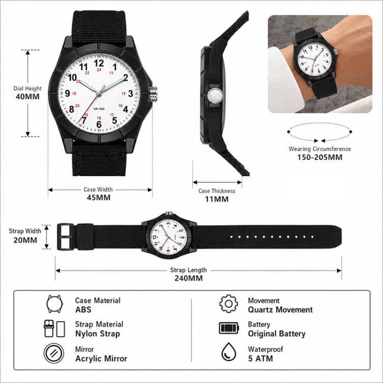 Luminous waterproof nylon strap watch diagram with measurements and dial close-up
