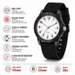 Black wristwatch with white dial, black nylon strap, and round acrylic display