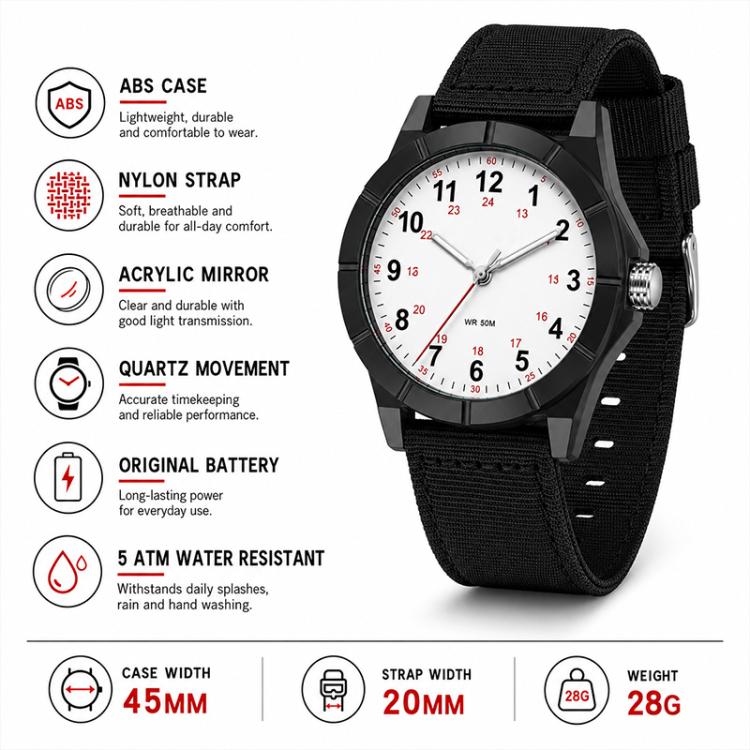 Black wristwatch with white dial, black nylon strap, and round acrylic display