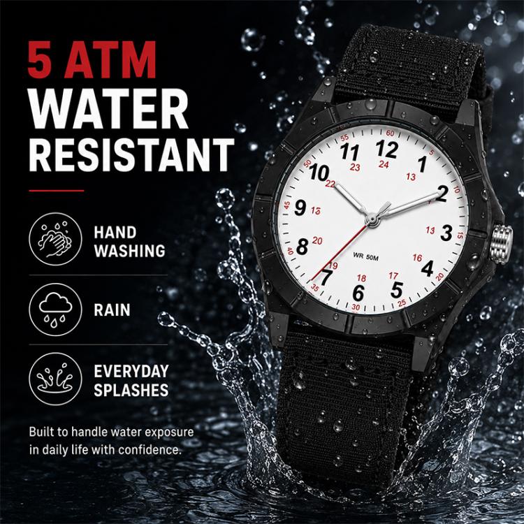 Water-resistant black wristwatch with white dial and black nylon strap