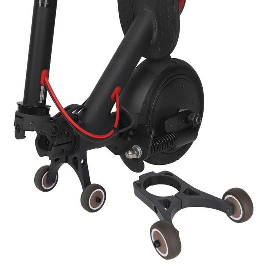 Electric scooter auxiliary wheel bracket with two small caster wheels, black frame