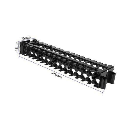 Electric scooter battery plastic frame, black long rail with side mounting tabs