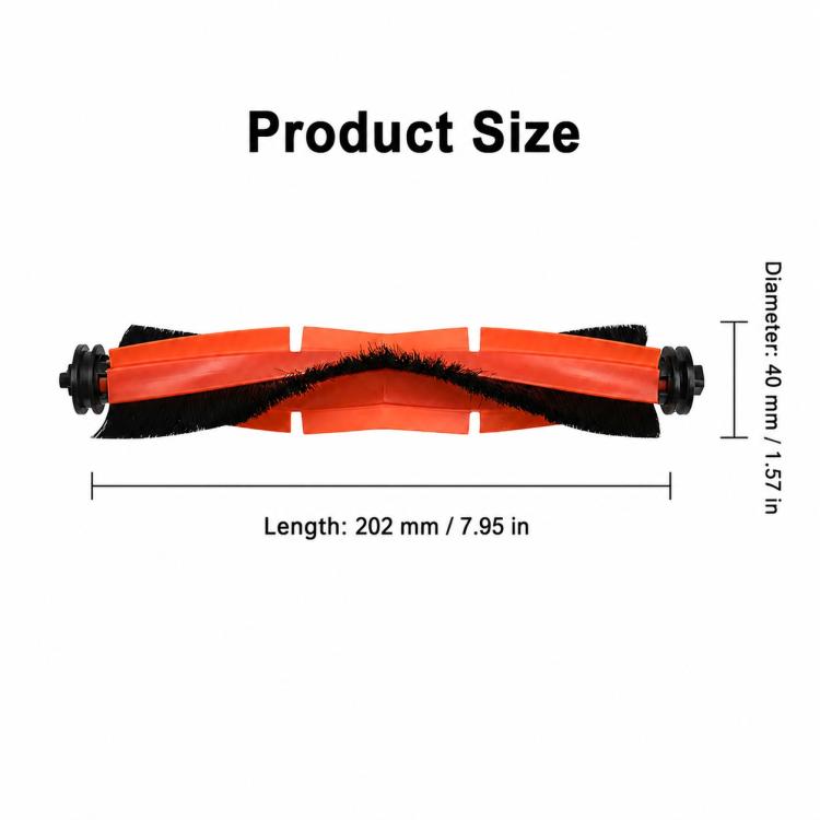 Orange and black main roller brush with V-shaped bristles and measuring size reference
