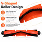 V-shaped roller brush with orange fins and dense black bristles for deep cleaning
