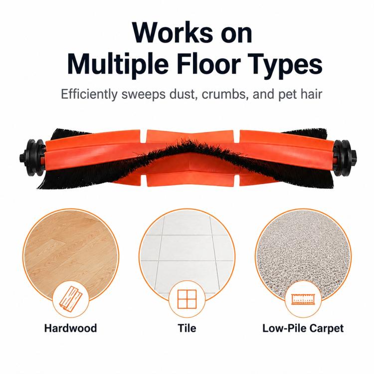 Orange and black main roller brush with V-shaped bristles for multiple floor types