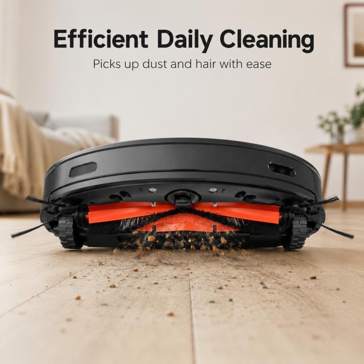 Robot vacuum bottom with orange main roller brush and side brush bristles