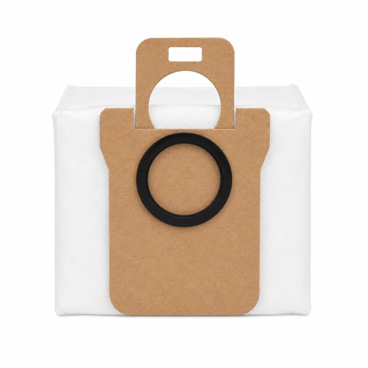 White dust bag with brown paper collar and circular opening for robot vacuum replacement