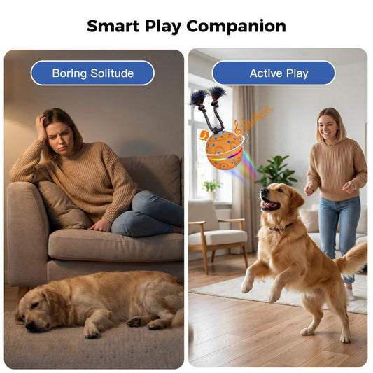 Orange interactive dog toy ball with blue pattern and fuzzy spinning brush arms in use