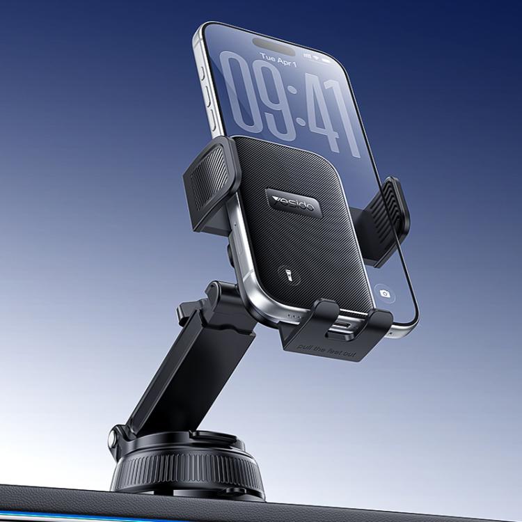 Car suction cup phone holder with adjustable clamp and cradle, holding a smartphone