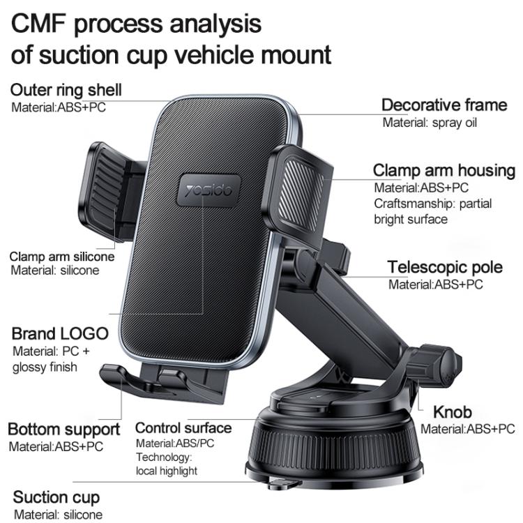 Car phone mount suction cup holder diagram with clamp arms and telescopic pole