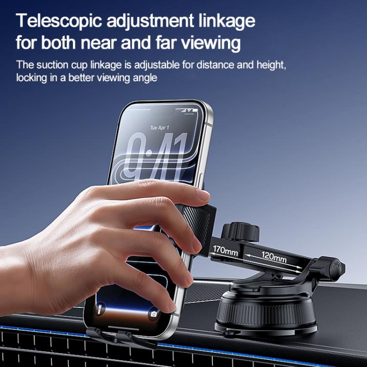 Adjustable suction cup phone holder with telescopic arm, phone secured in cradle