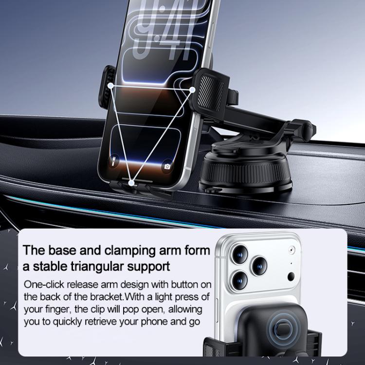 Car phone holder with suction base and clip arms, smartphone mounted for driving