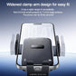 Car suction phone holder with wide clamp arms, smartphone centered in cradle