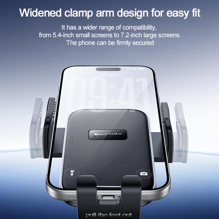 Car suction phone holder with wide clamp arms, smartphone centered in cradle