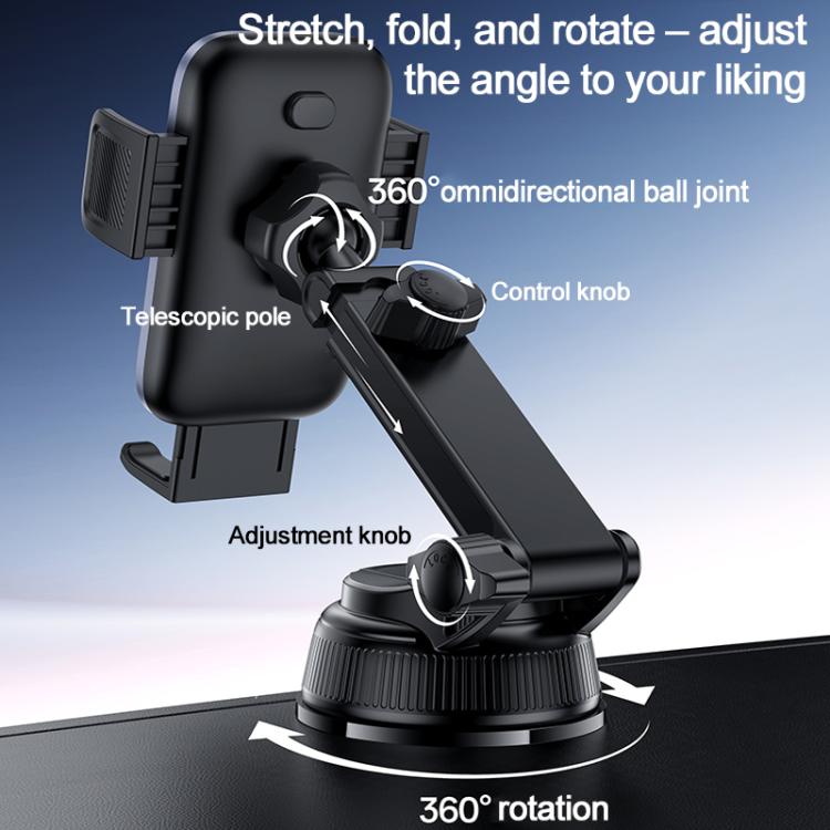 Car phone mount with 360° rotating ball joint and telescopic pole, black clamp