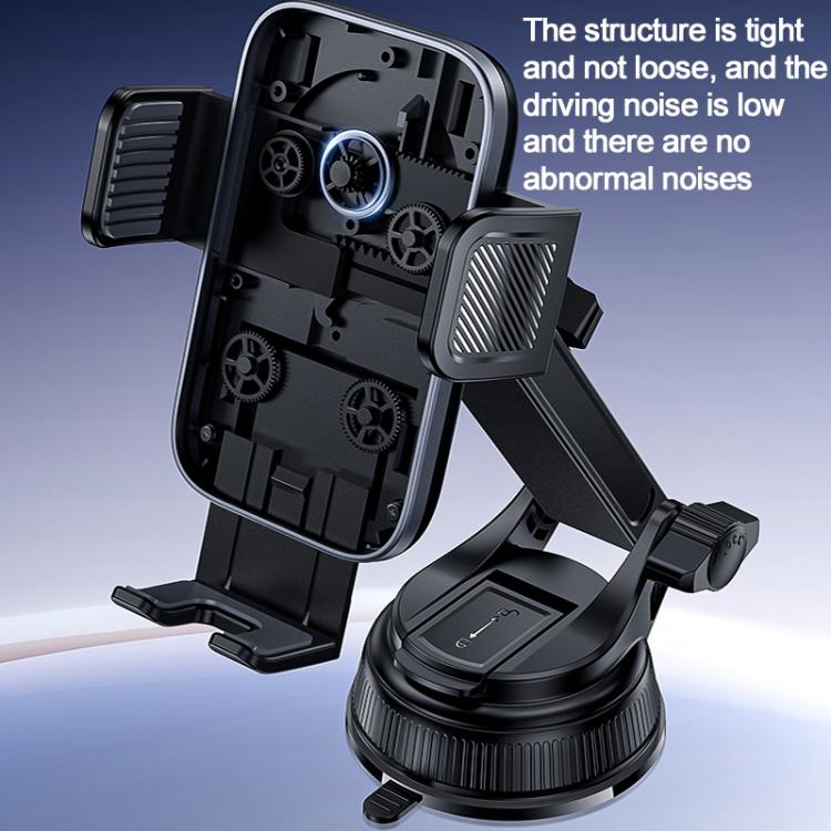 Car suction phone holder with exposed inner mechanism, clamp arms and mount base