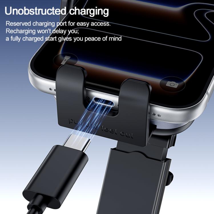 Car phone holder with unobstructed charging port using side cradle clips