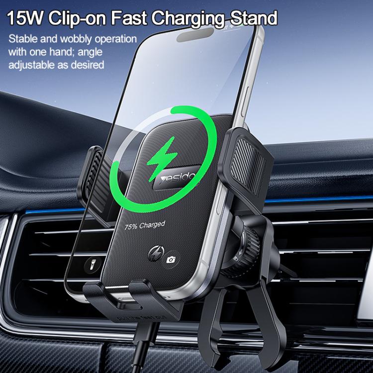 Black air-vent clip wireless charging phone holder with adjustable clamp arms