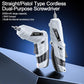 White cordless electric screwdriver shown in straight and gun-shaped configurations