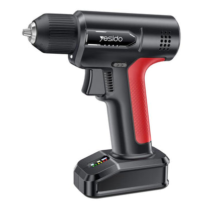 Cordless electric screwdriver drill, black and red with keyless chuck and grip