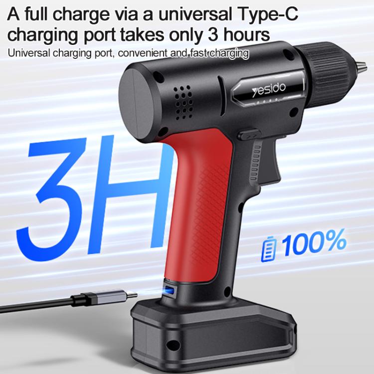 Cordless electric screwdriver drill showing Type-C charging port, red and black body