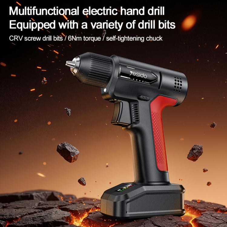 Cordless electric drill driver with red grip and front bit chuck, ready to drill