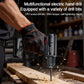 Cordless electric drill driver held in hand with drill bit, black and red design