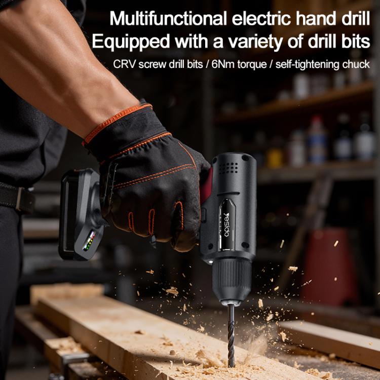 Cordless electric drill driver held in hand with drill bit, black and red design