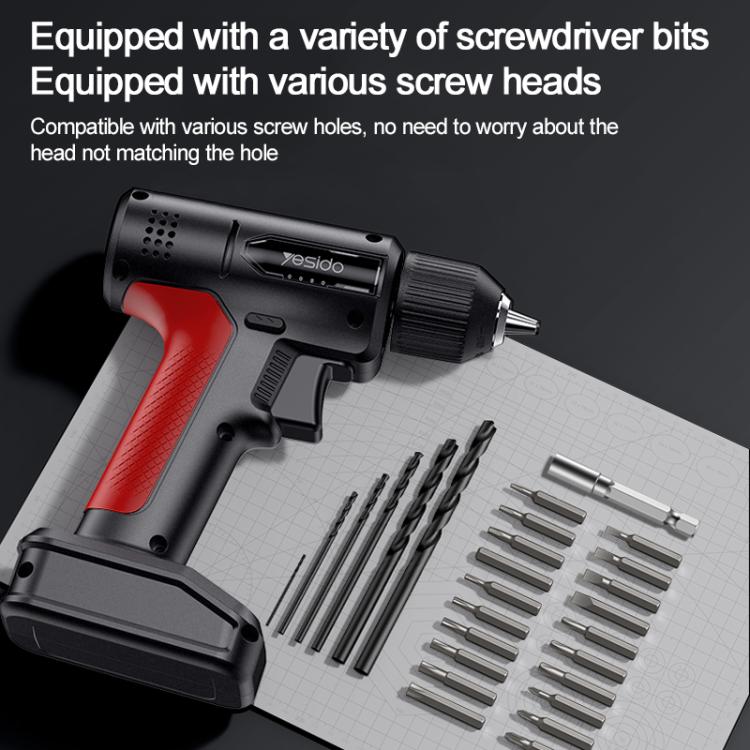 Cordless electric drill driver with included drill and screwdriver bits on tray