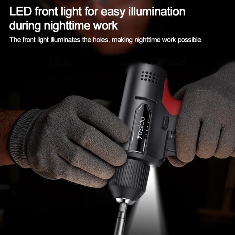 Cordless electric screwdriver drill with front LED, gloved grip, black and red design