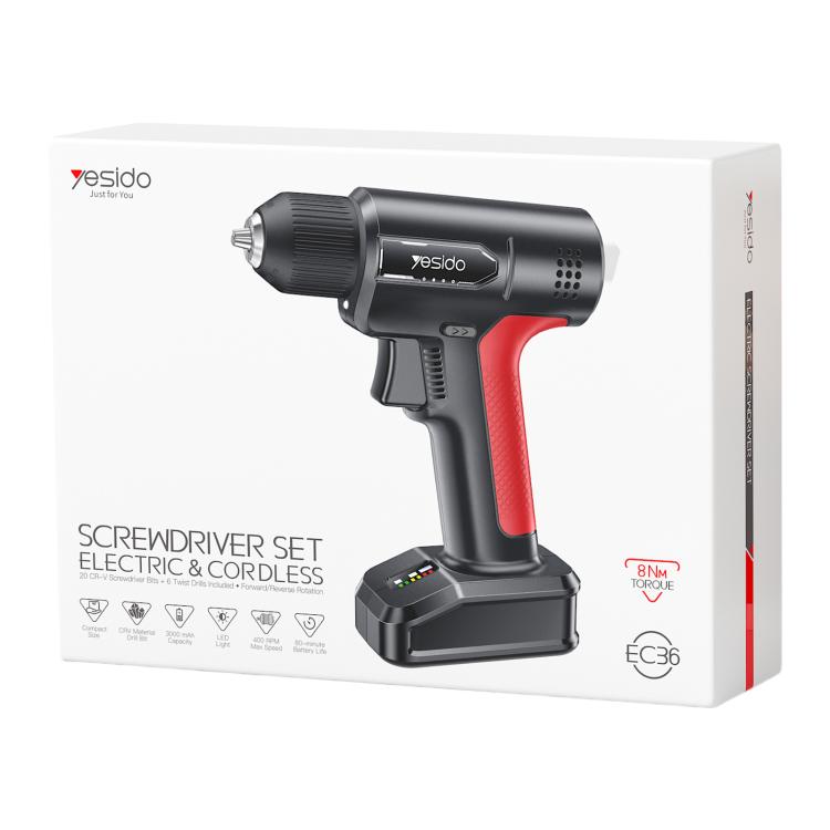 Yesido EC36 screwdriver set box with cordless electric drill driver, black and red