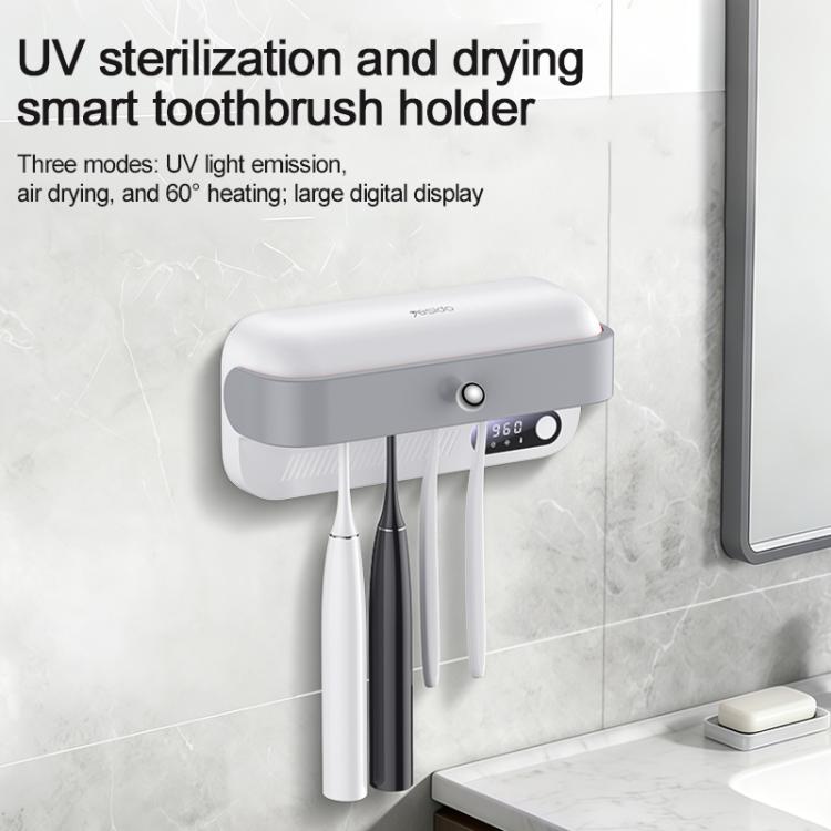 Wall-mounted UV toothbrush sterilizer dryer holder in white and gray with digital screen