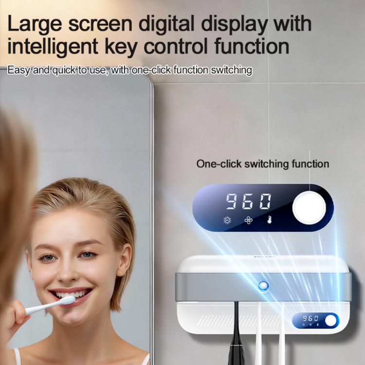 White UV sterilizer dryer holder with digital display and blue indicator light on the wall