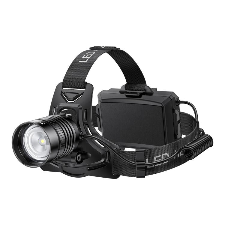 Black LED headlamp with zoomable front light and adjustable headband strap