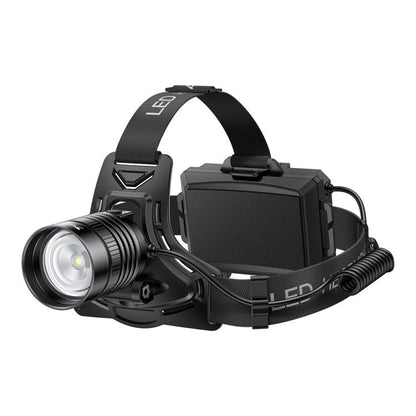 Black LED headlamp with zoomable front light and adjustable headband strap