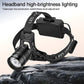 Black LED headlamp with front spotlight and tilting battery case on headband