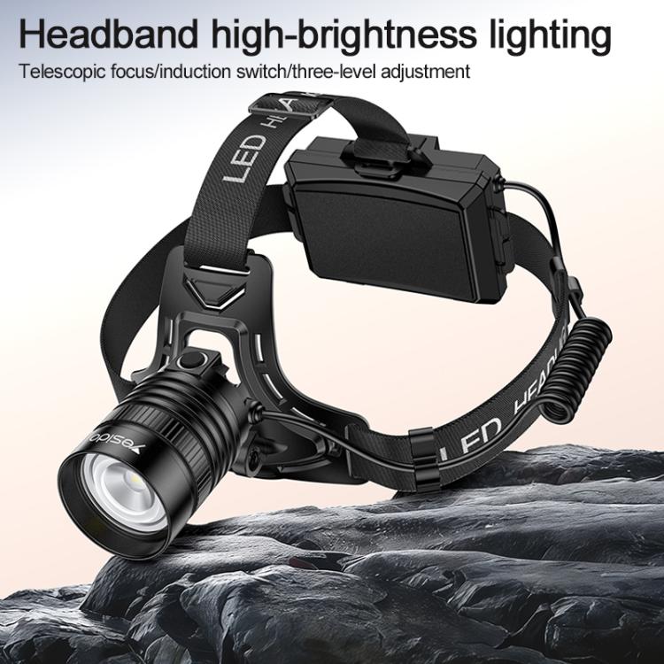 Black LED headlamp with front spotlight and tilting battery case on headband