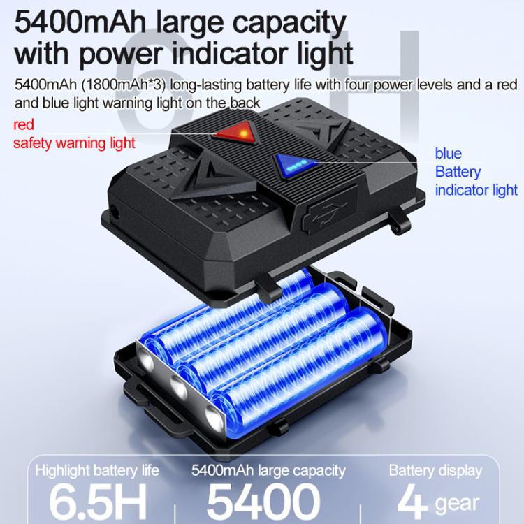 Black headlamp battery case with 5400mAh capacity and power indicator lights