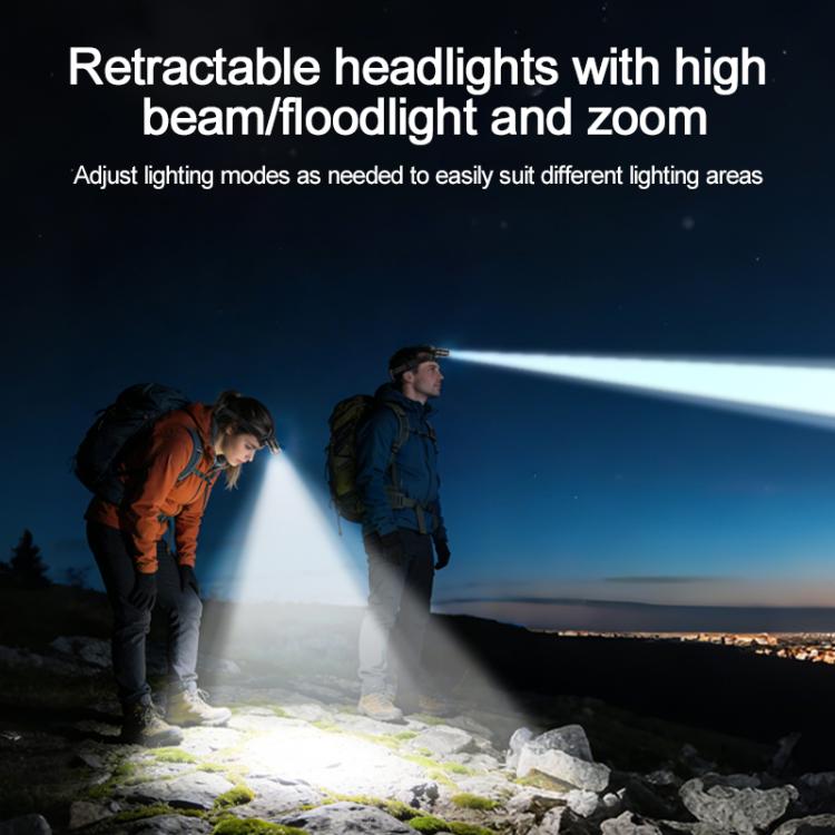 Black retractable LED headlamp with wide flood beam and zoom spotlight