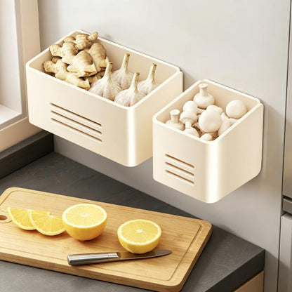 White magnetic refrigerator storage rack with large open bin holding garlic