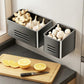 Grey magnetic refrigerator storage rack set with two open bins holding garlic and eggs
