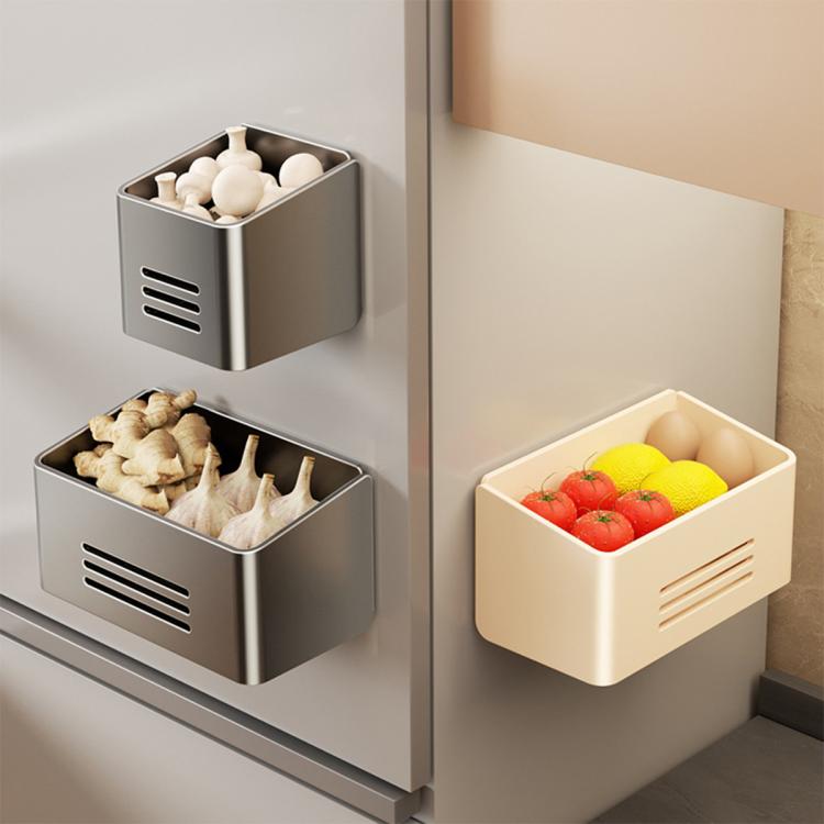 Two magnetic refrigerator storage racks: grey double bins and a white bin with produce