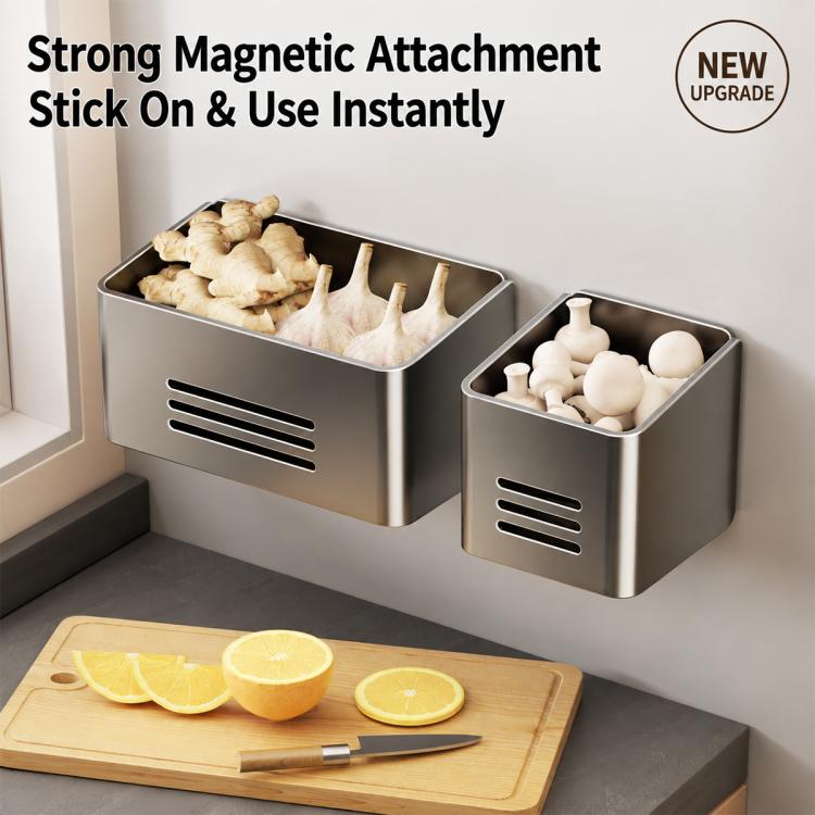 Grey magnetic refrigerator storage rack set with two open bins holding garlic and eggs