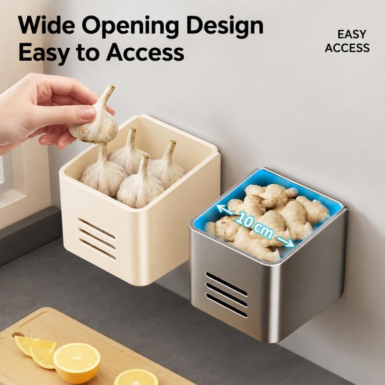 White and grey magnetic refrigerator storage racks with wide access bins for garlic