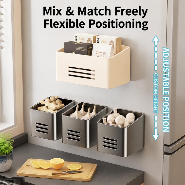 Two-piece magnetic kitchen storage basket set in light and gray metal, wall-ready